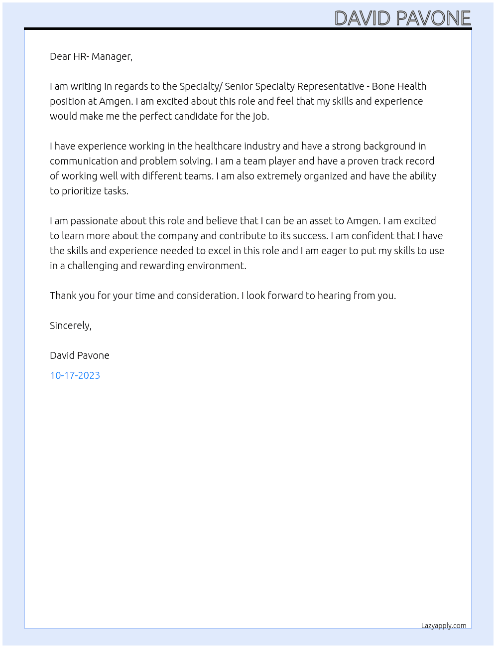 Specialty/ Senior Specialty Representative - Bone Health  At Amgen Cover Letter