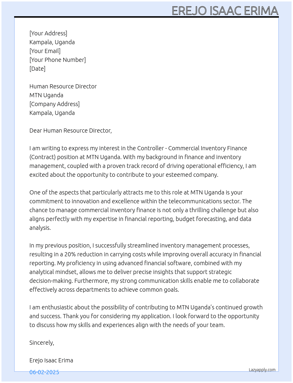 Controller - Commercial Inventory.Finance (Contract) Uganda– Kampala  : At Mtn Uganda  Cover Letter