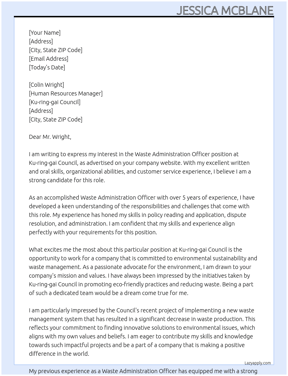 Waste Administration Officer At Ku-ring-gai Council Cover Letter