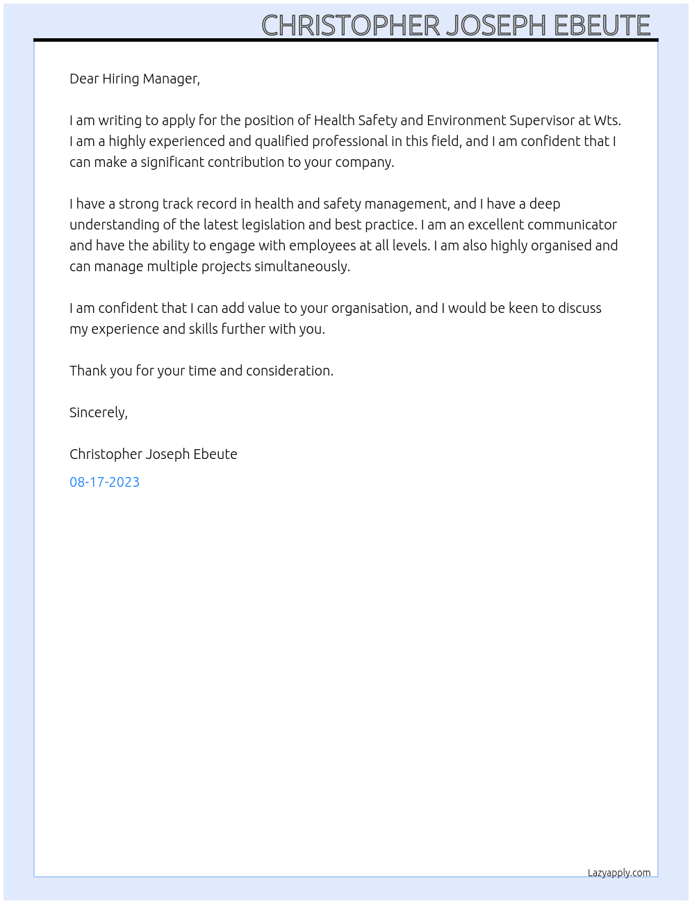 Health Safety  and Environment Supervisor  At Wts Cover Letter