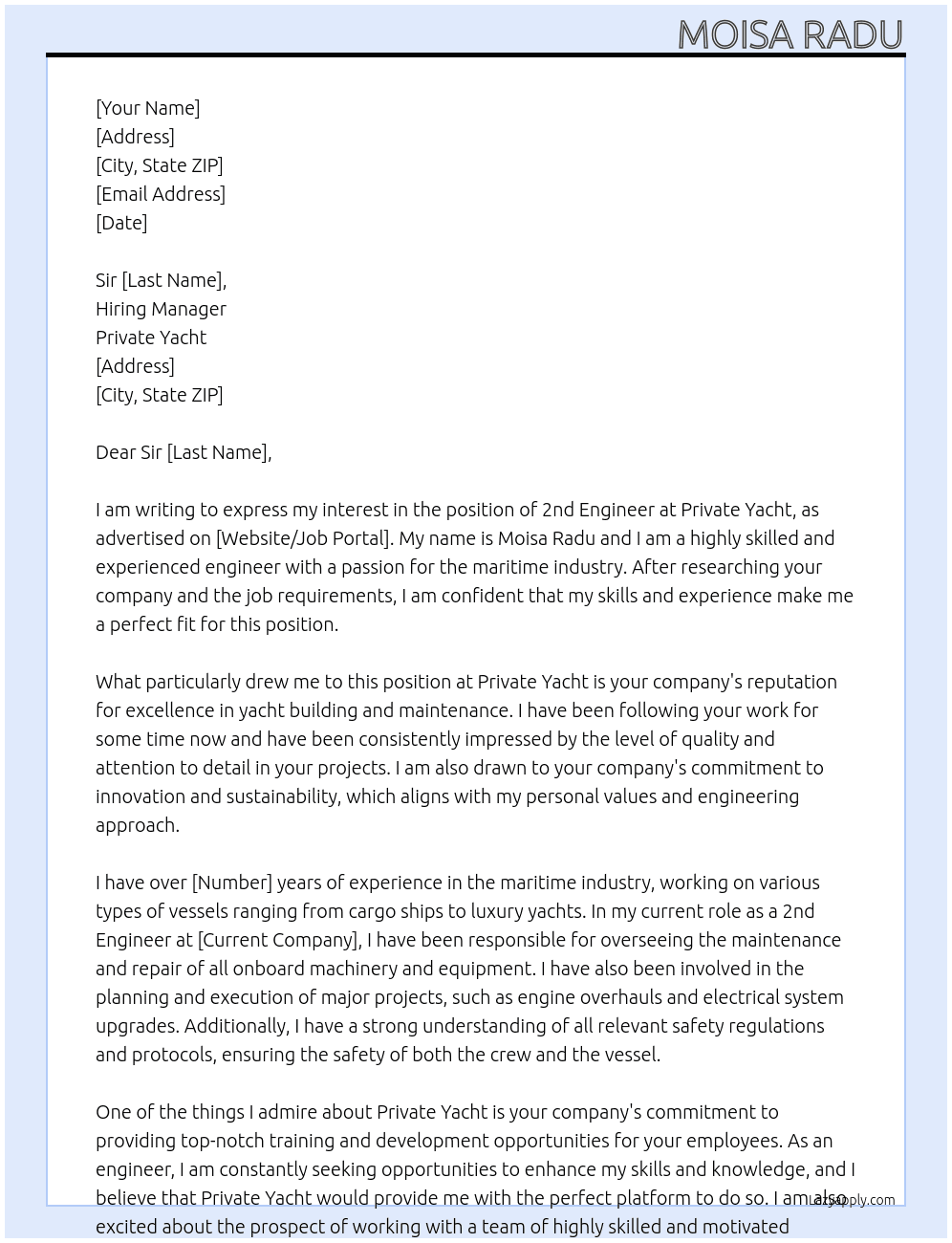 2nd Engineer At Private Yacht Cover Letter