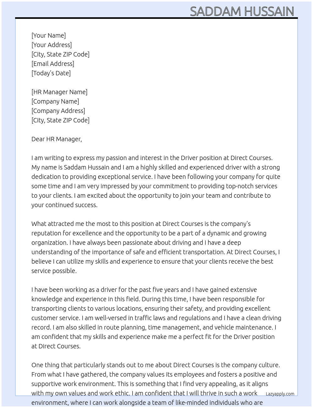 Driver  At Direct courses  Cover Letter