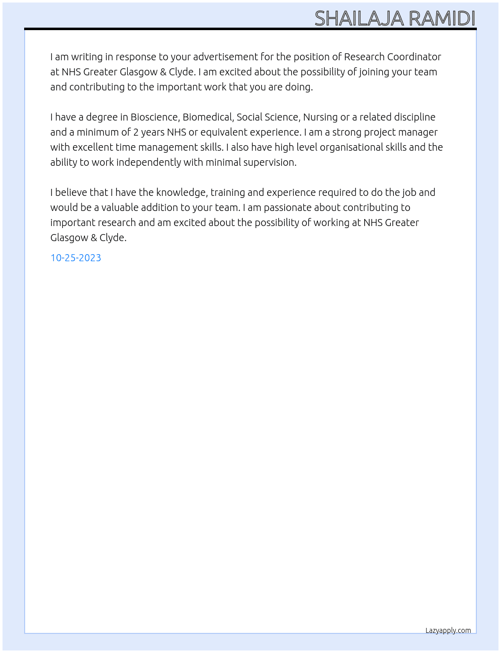 Research Coordinator At NHS Greater Glasgow & Clyde Cover Letter
