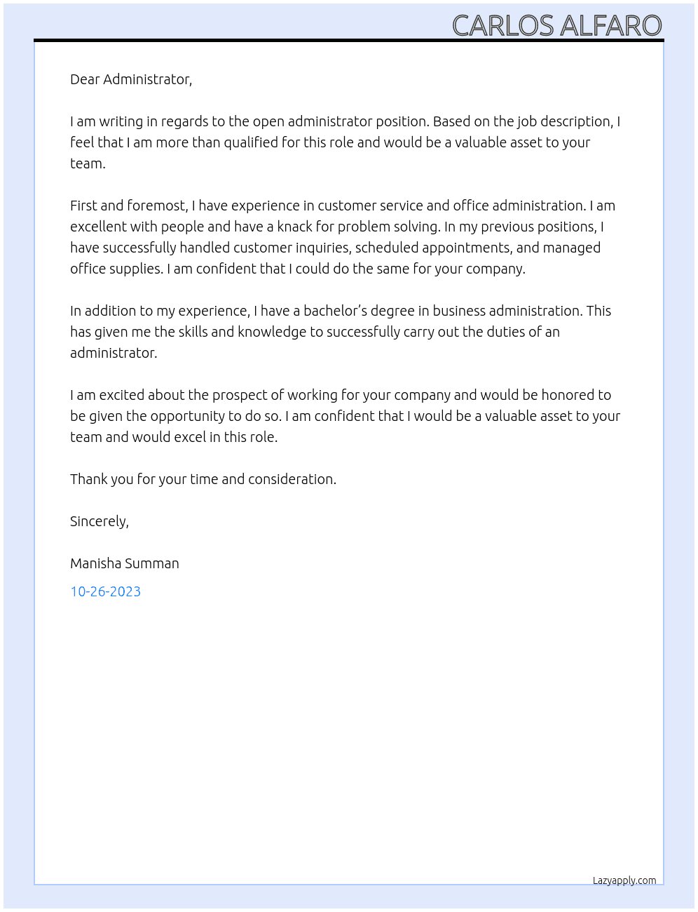 admin At administrator  Cover Letter