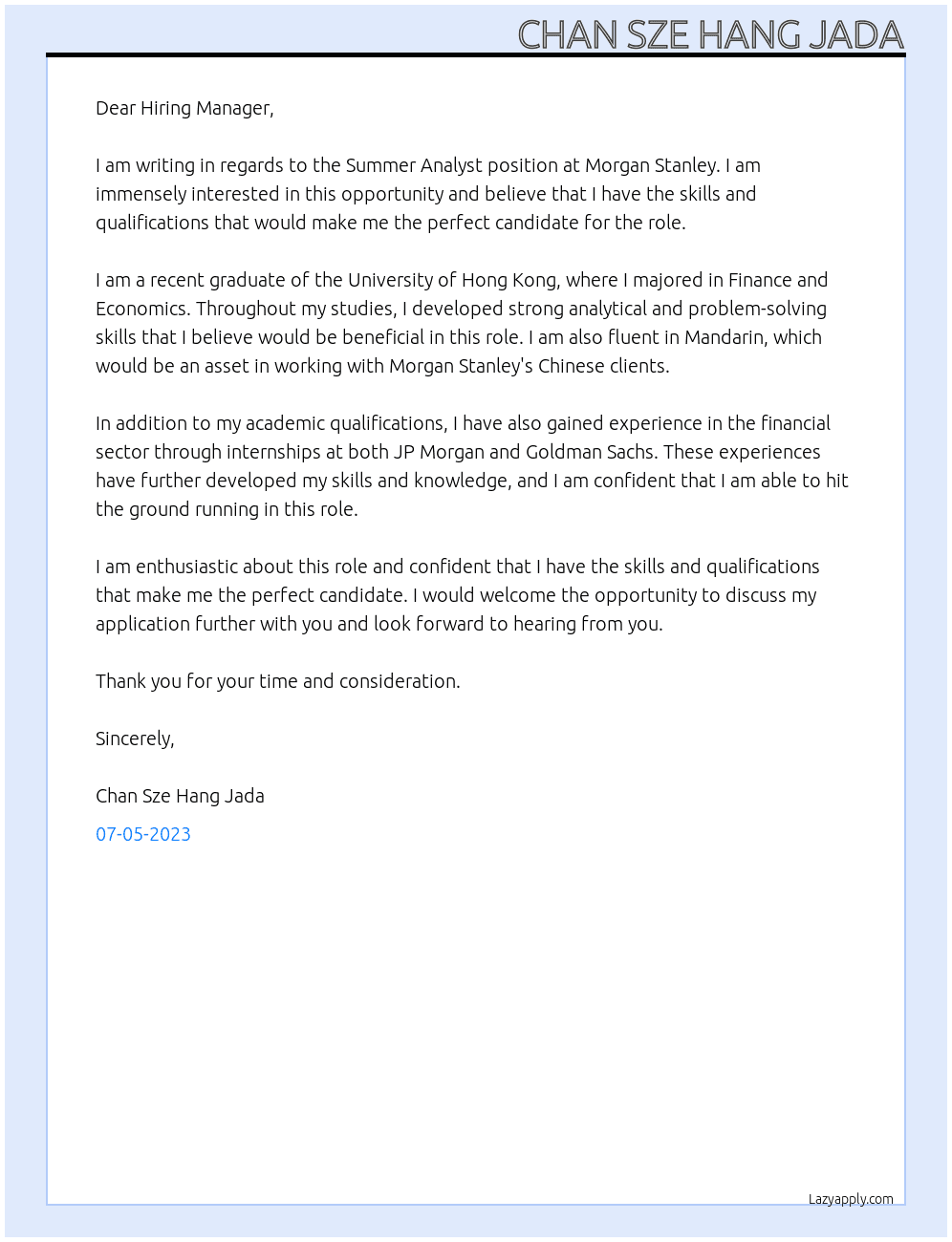 Summer Analyst At Morgan Stanley Cover Letter