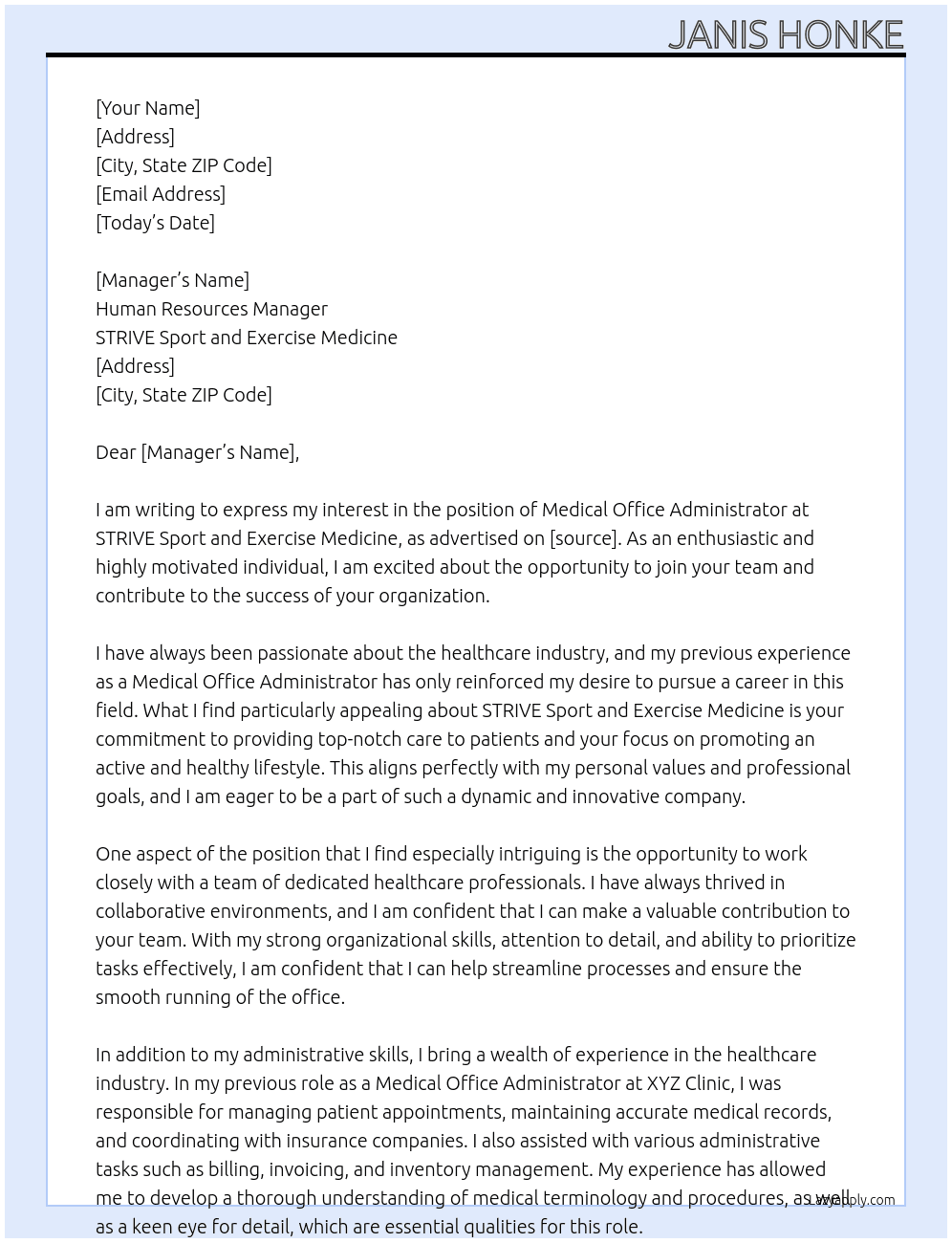 Medical Office Administrator At STRIVE Sport and Exercise Medicine Cover Letter