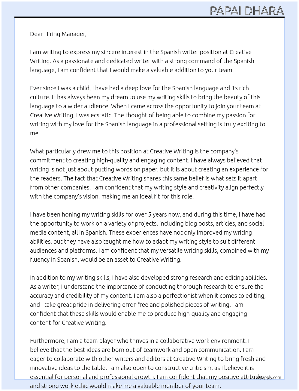 Spanish writers At Creative writing  Cover Letter