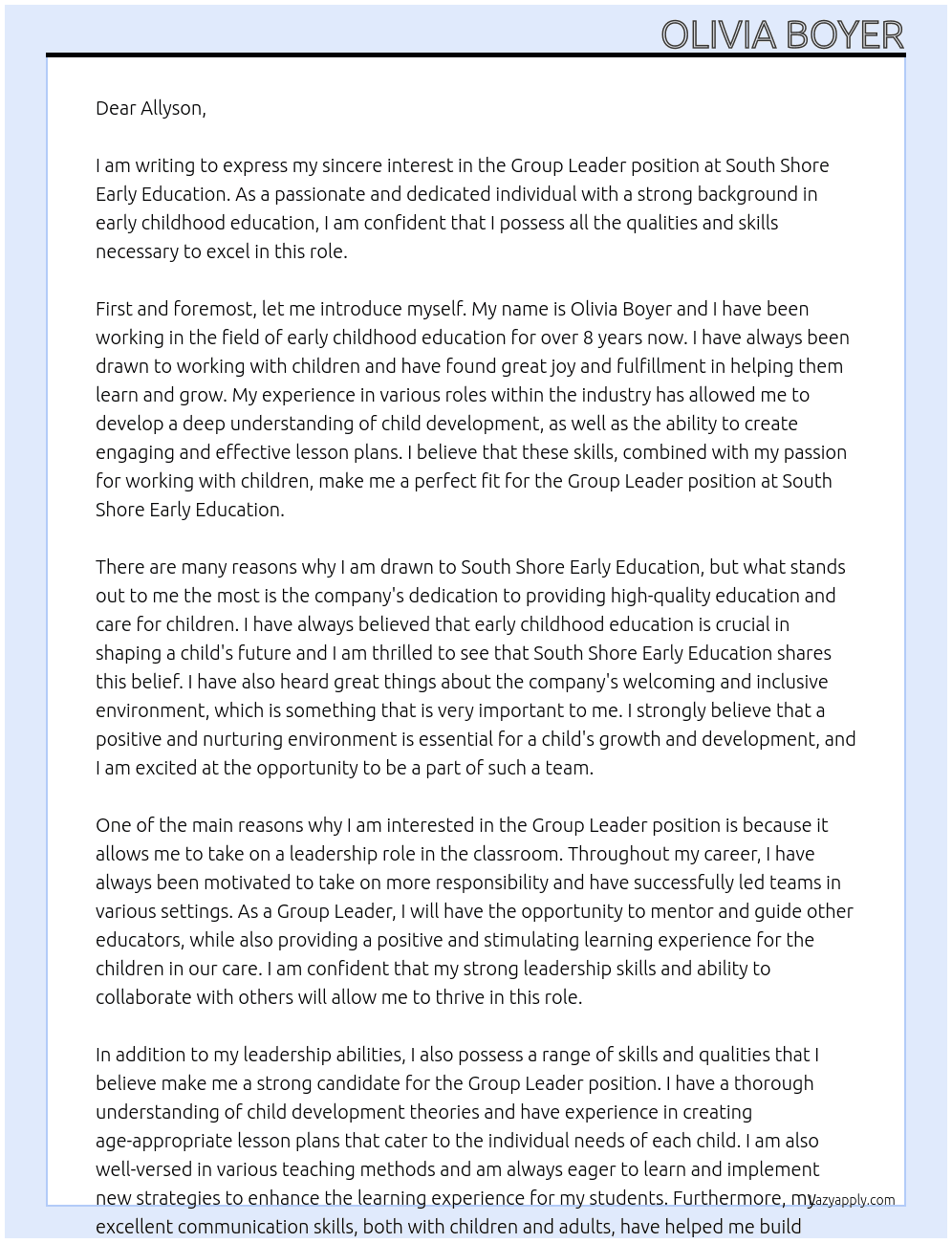 Group Leader At South Shore Early Education Cover Letter