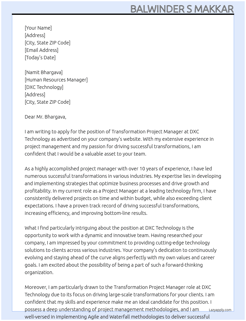 Transformation Project Manager At DXC Technology Cover Letter