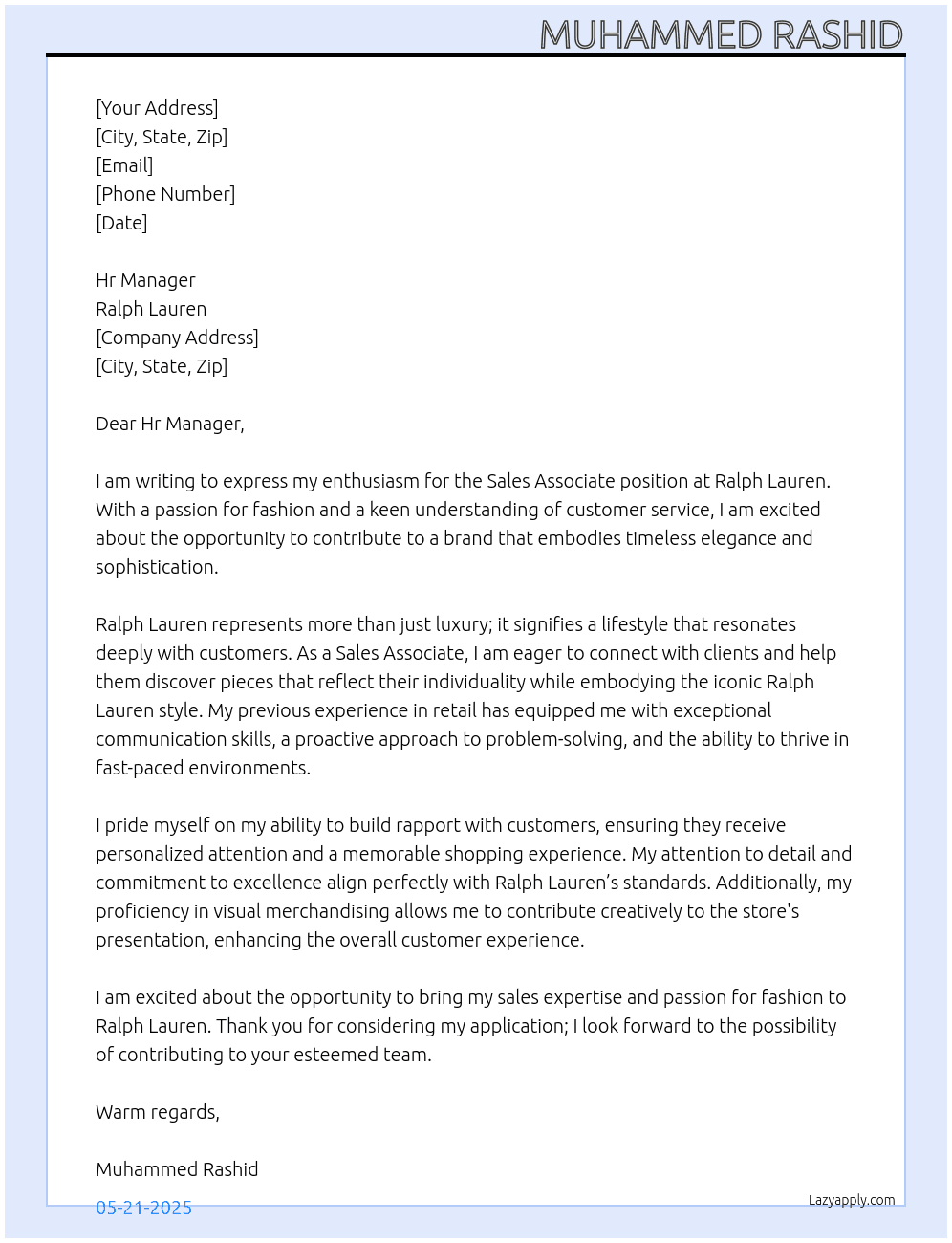 Sales Associate At Ralph Lauren  Cover Letter