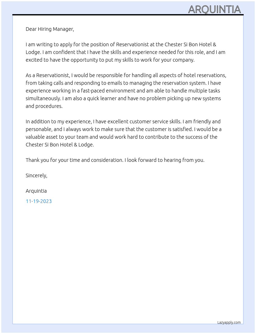 Reservationist  At Chester Si Bon Hotel & Lodge Cover Letter