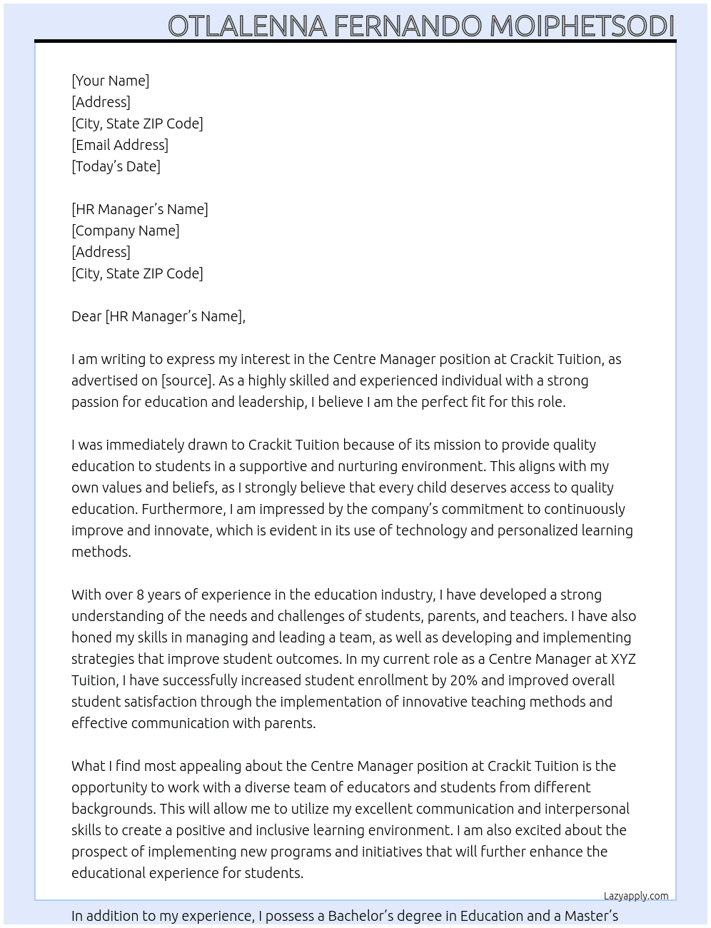 Centre Manager At Crackit Tuition Cover Letter