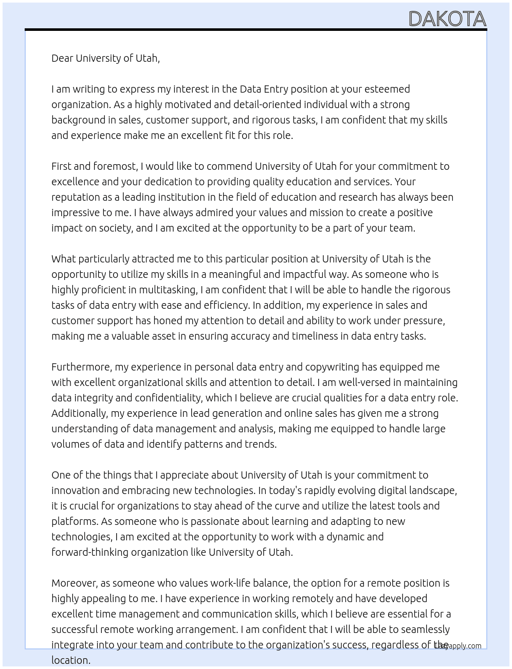 Data entry At University of Utah Cover Letter
