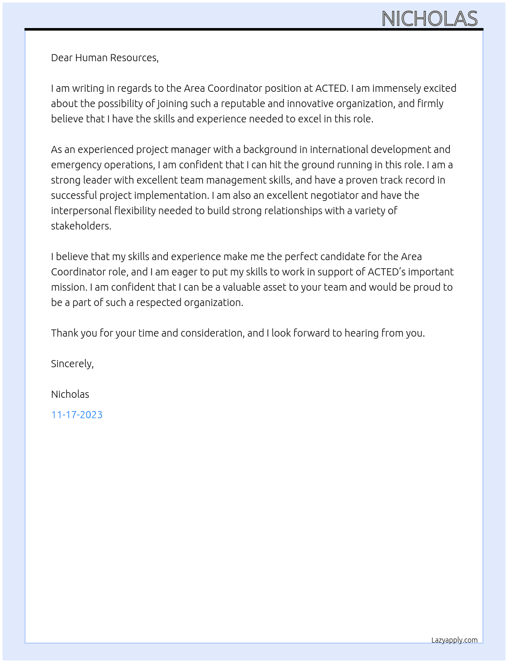 Area Coordinator At ACTED  Cover Letter
