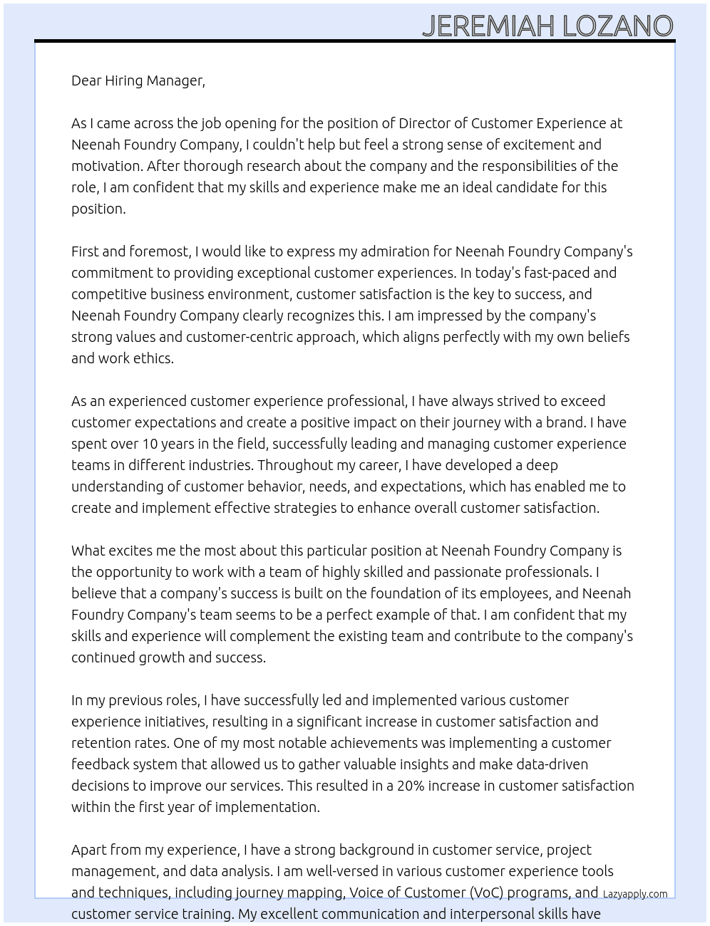 Director Customer Experience  At Neenah Foundry Company Cover Letter