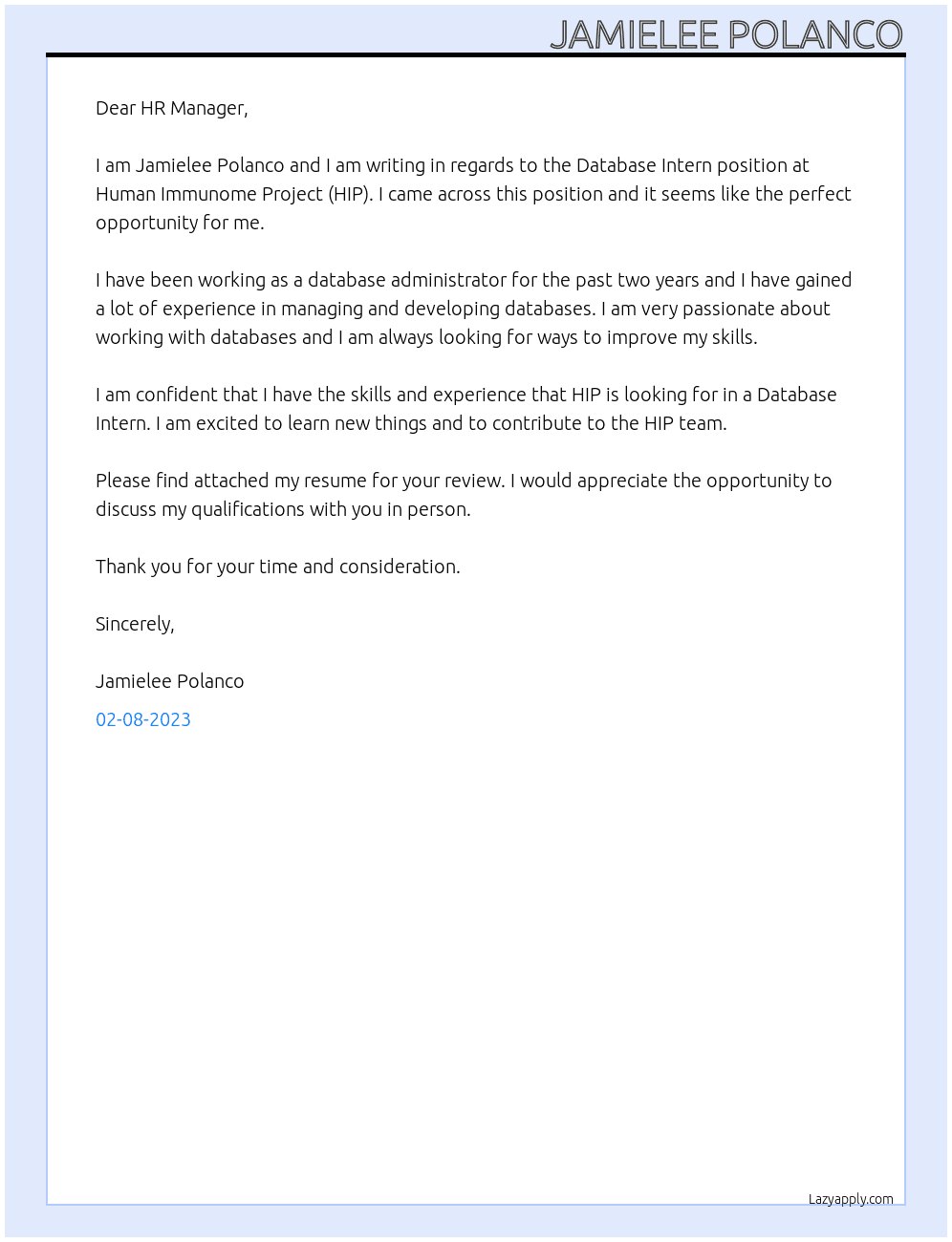Cover letter for database intern - LazyApply