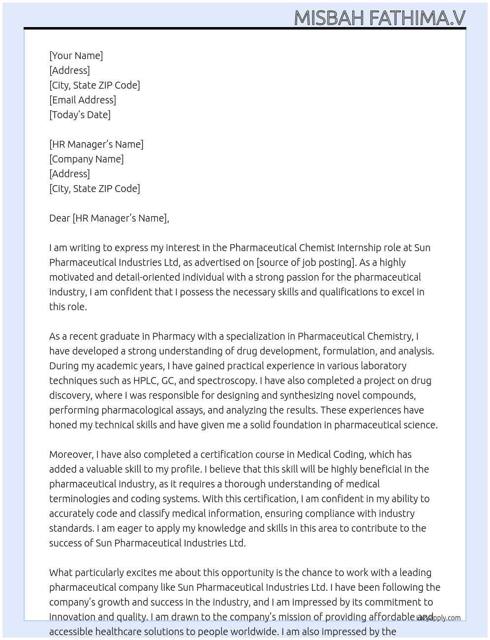 Pharmaceutical Chemist  At Sun Pharmaceutical Industries Ltd  Cover Letter
