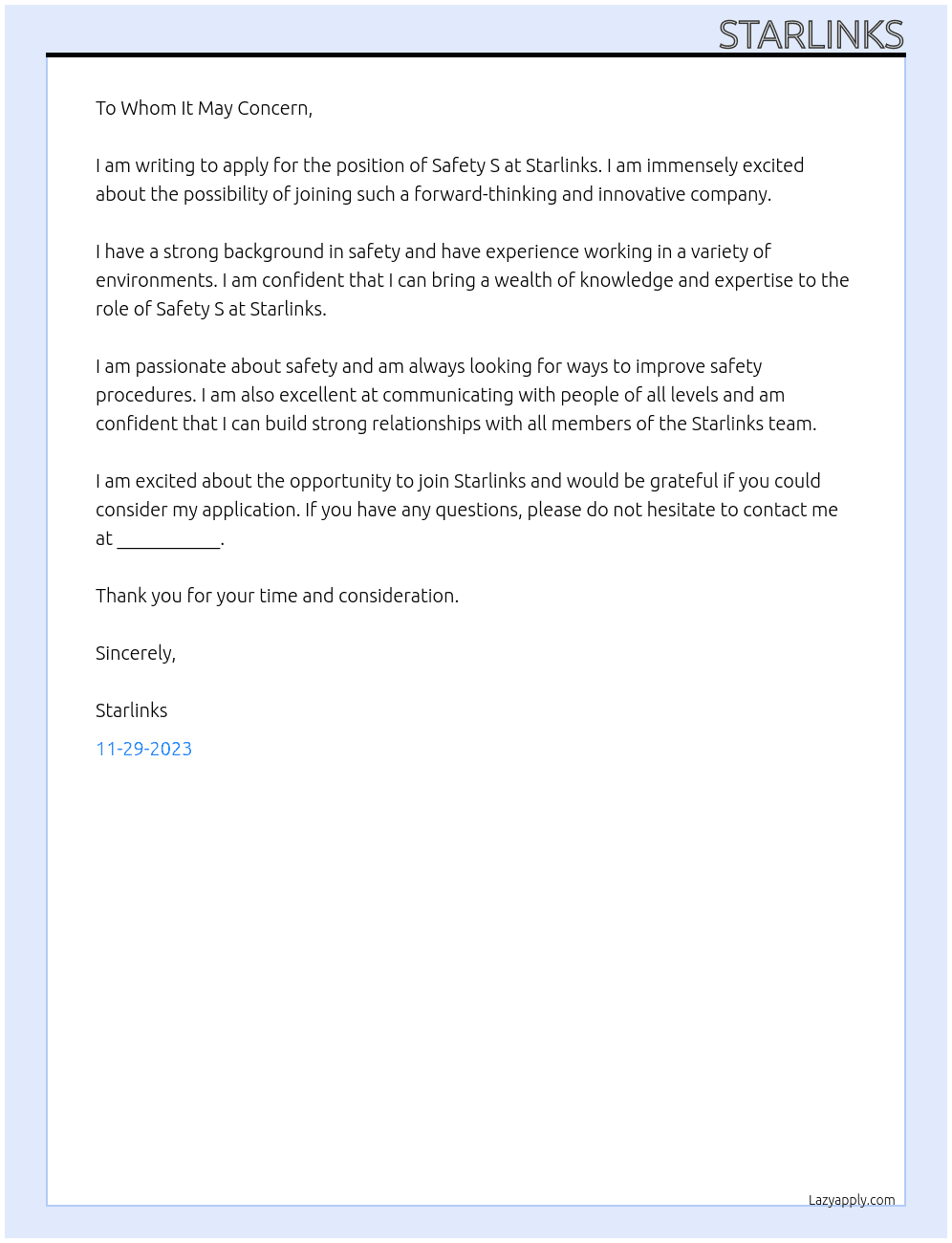 safety S At Starlinks Cover Letter