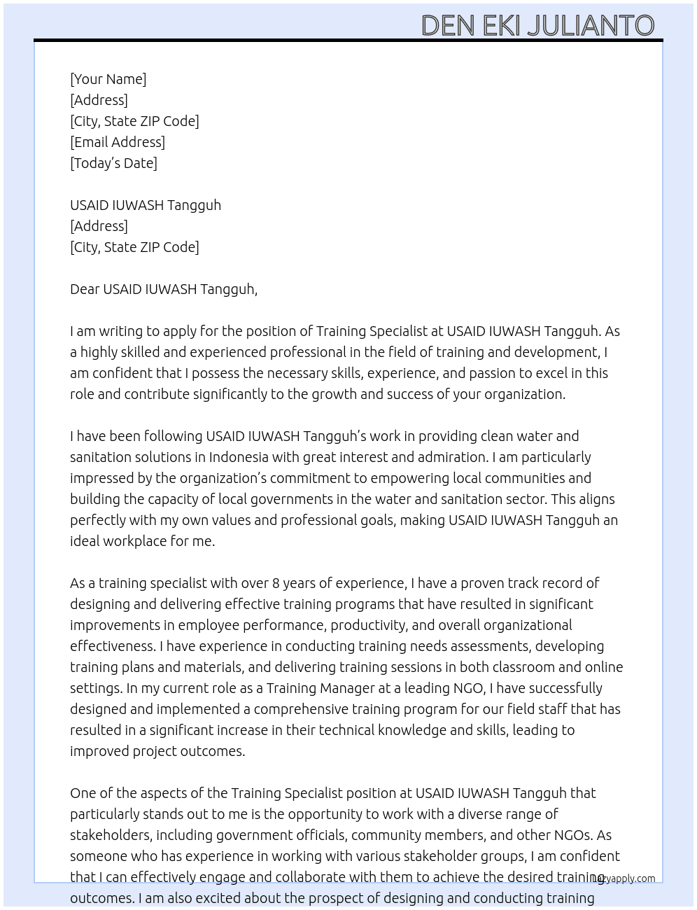 Training specialist At USAID IUWASH Tangguh Cover Letter