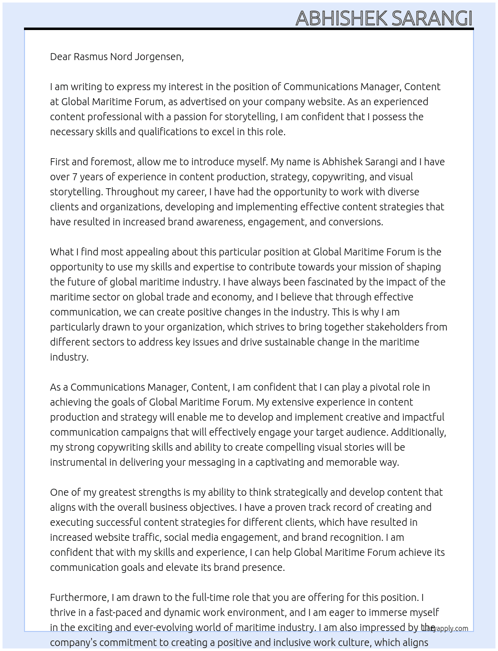 Communications Manager, Content At Global Maritime Forum Cover Letter