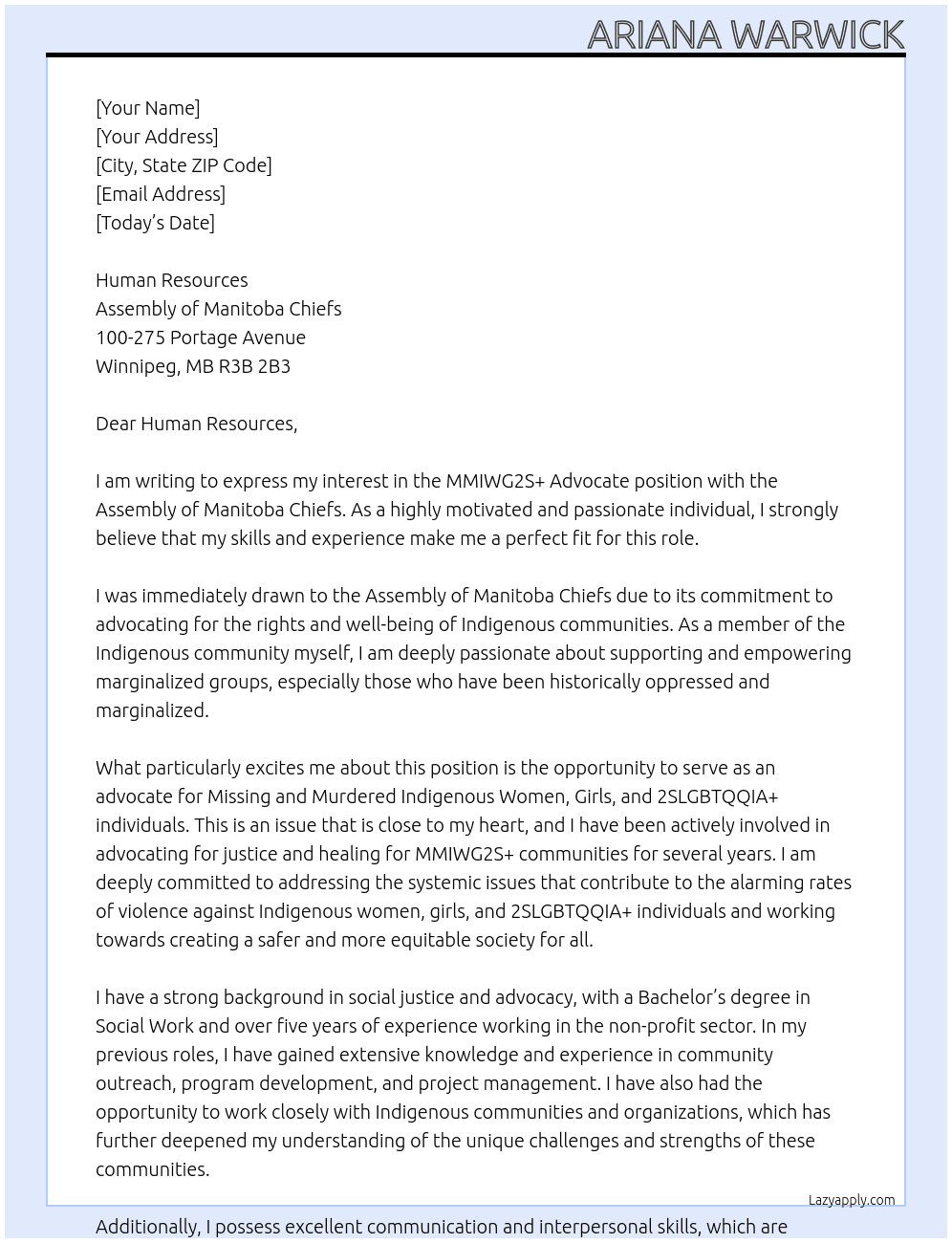 MMIWG2S+ Advocate  At Assembly of Manitoba Chiefs  Cover Letter