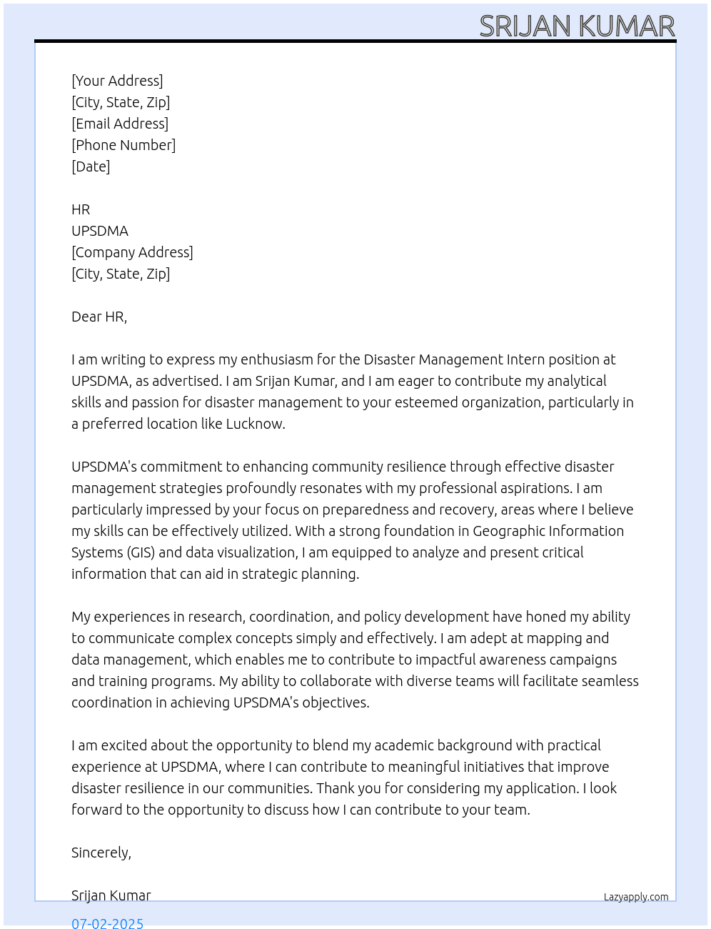 Disaster Management Intern At UPSDMA Cover Letter