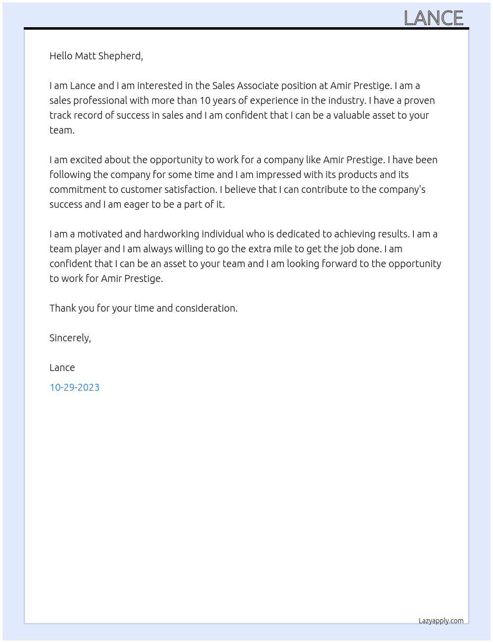 Sales Associate At Amir Prestige Cover Letter