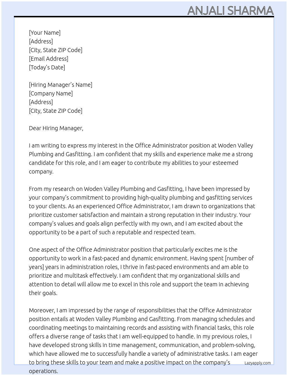 Office Administrator  At Woden Valley Plumbing and Gasfitting Cover Letter