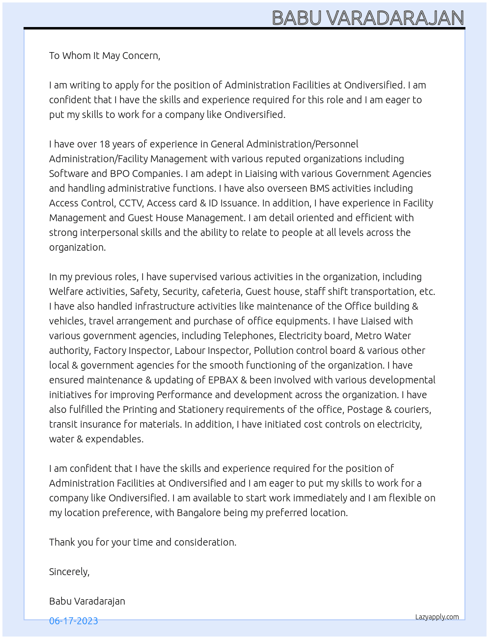 Administration Facilities At Ondiversified Cover Letter
