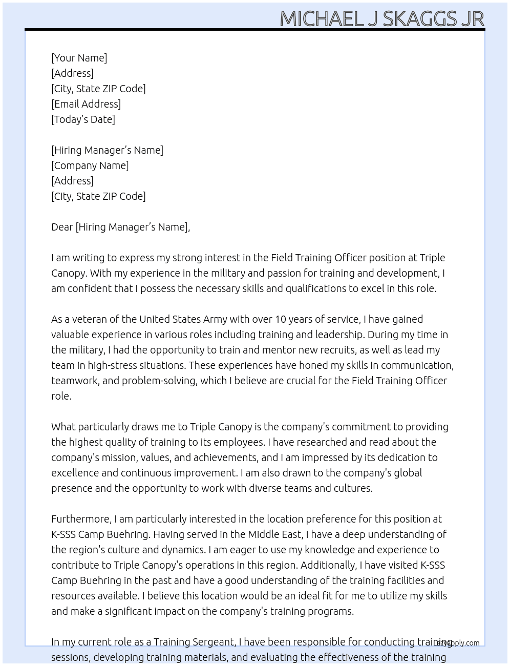 Field Training Officer  At Triple Canopy Cover Letter