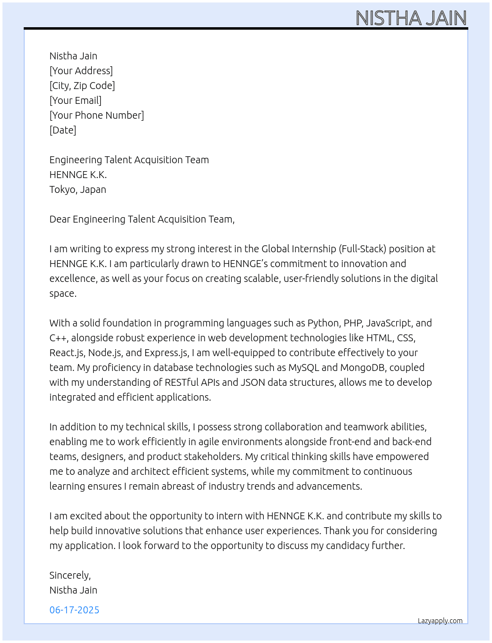  Global Internship (Full-Stack) at HENNGE K.K. At  HENNGE K.K. Cover Letter