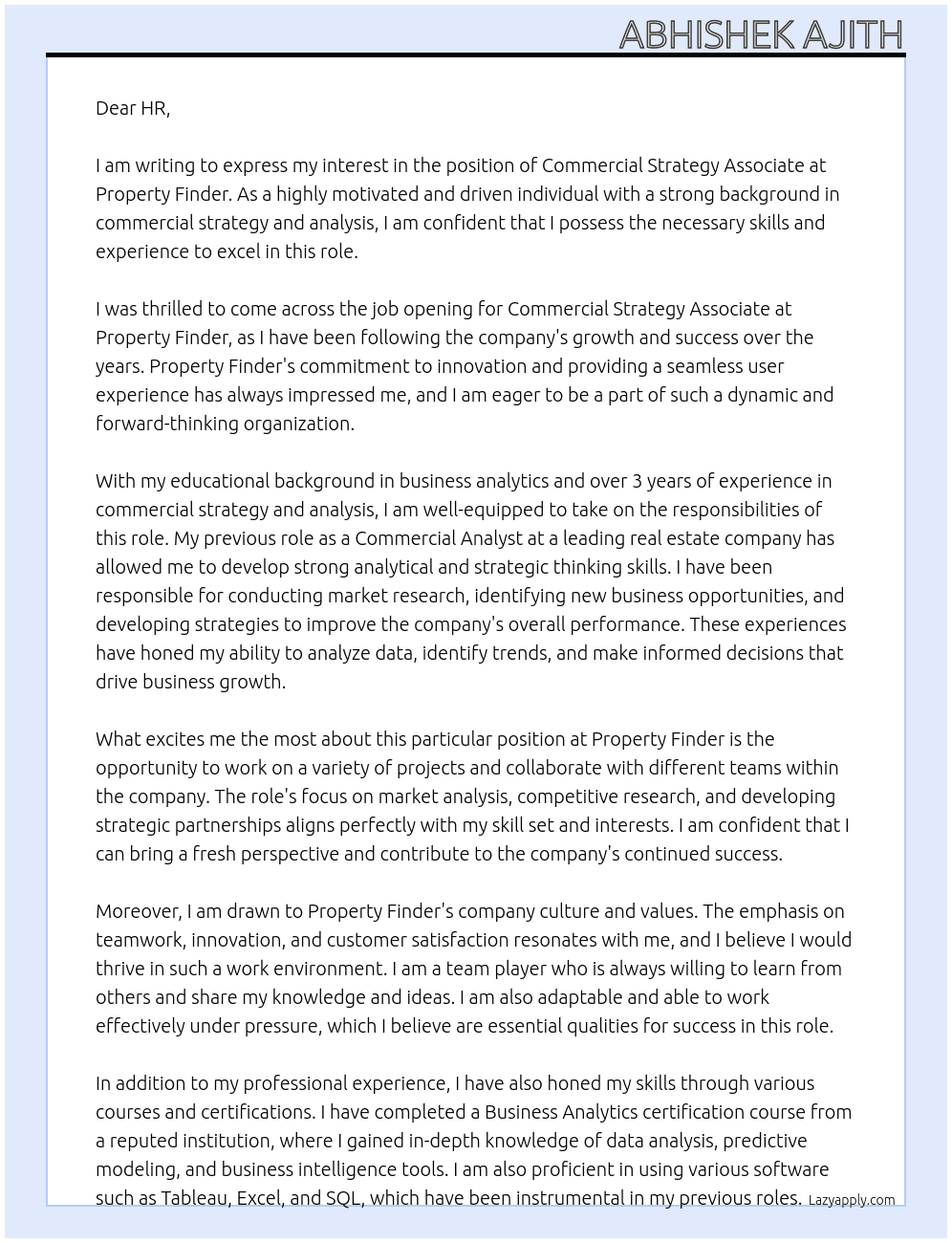 Commercial Strategy Associate At Property Finder Cover Letter