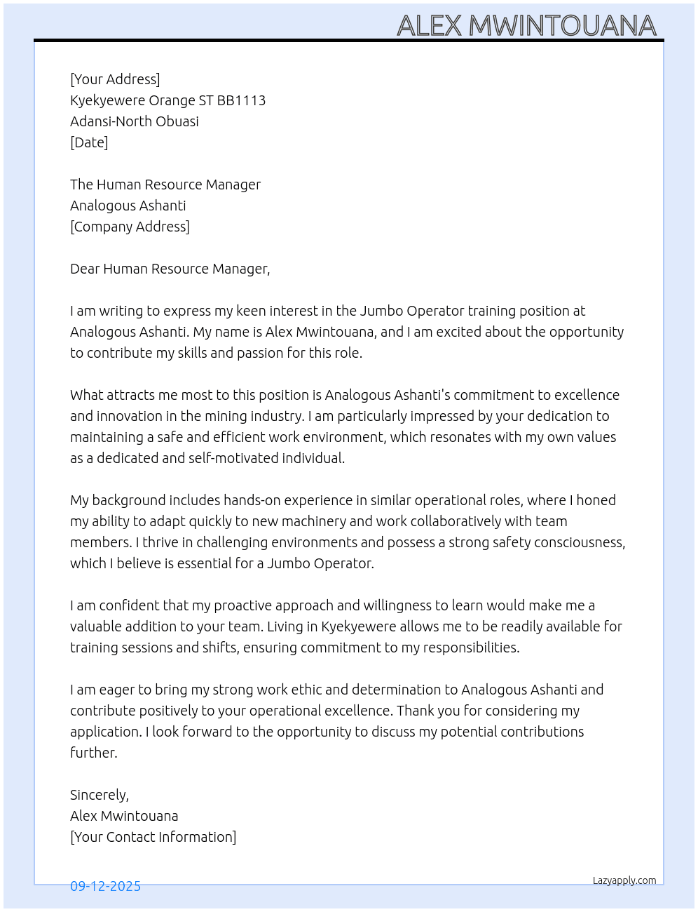 Jumbo Operator training  At Analogous Ashanti  Cover Letter