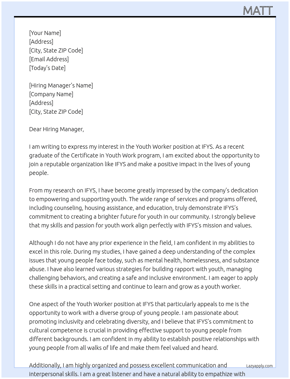 youth worker  At IFYS Cover Letter