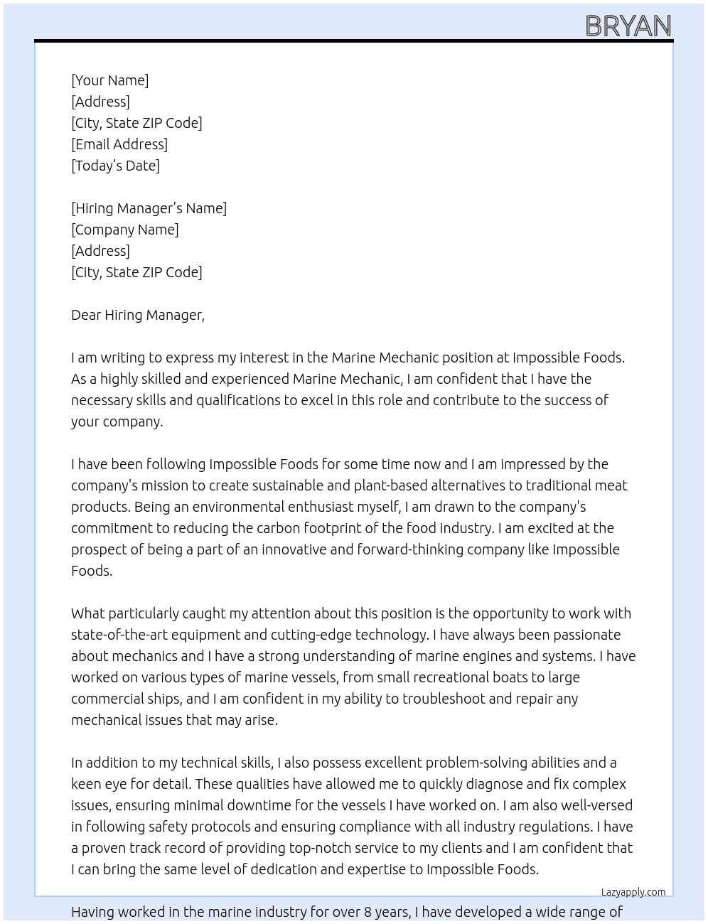marine mechanic At impossible foods Cover Letter