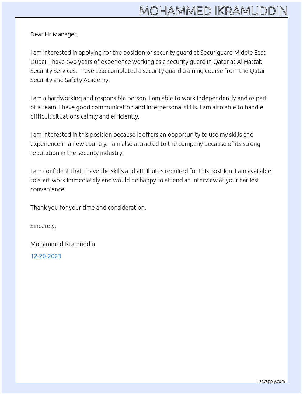 Security guard At Securiguard Middle East Dubai Cover Letter