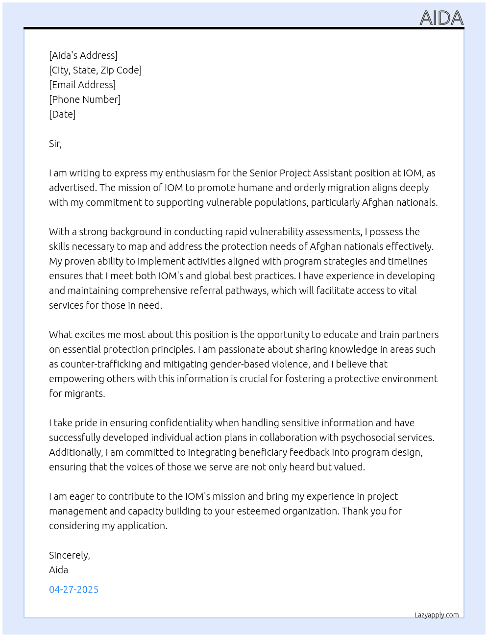 Senior project assistant At IOM Cover Letter