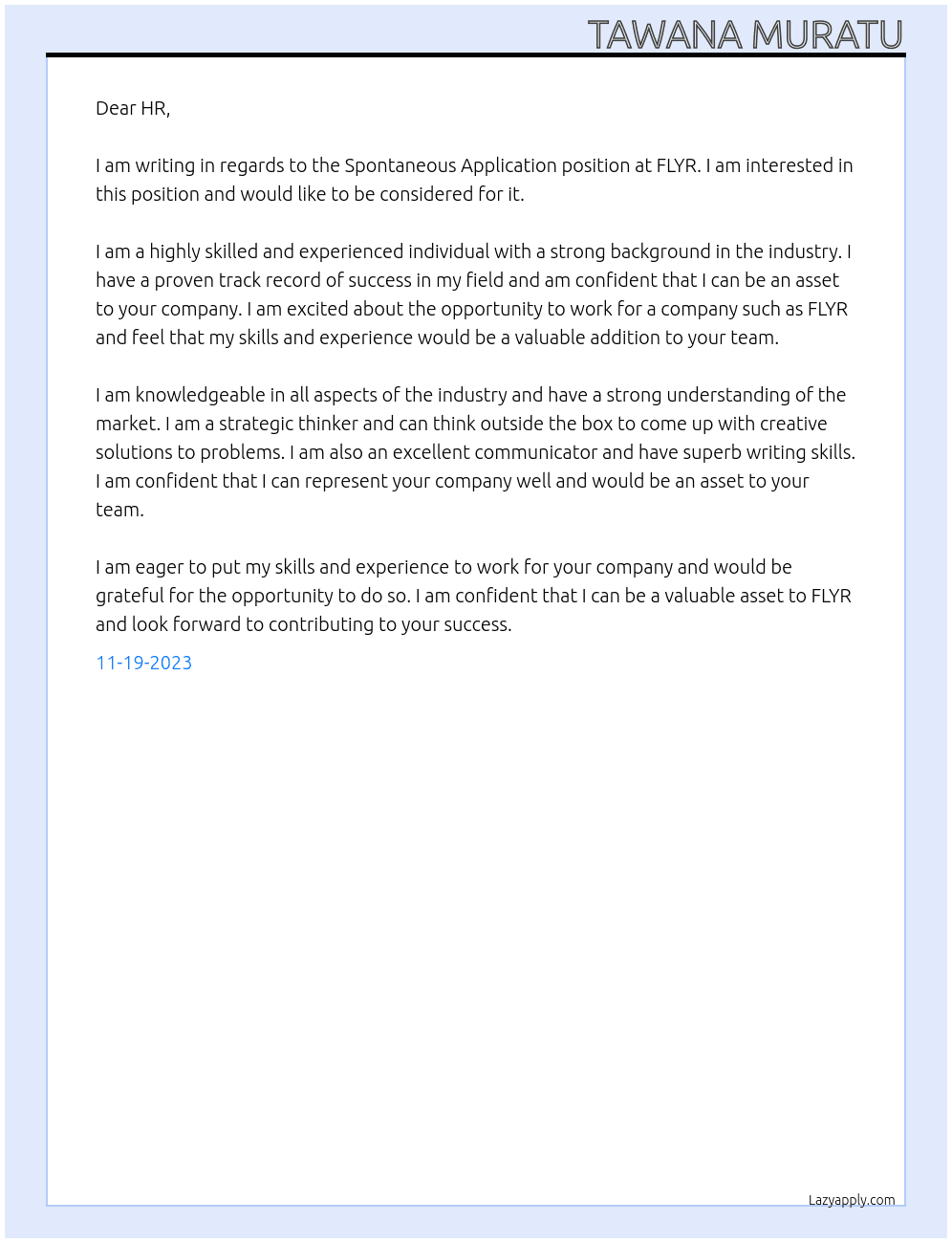Spontaneous Application At FLYR Cover Letter