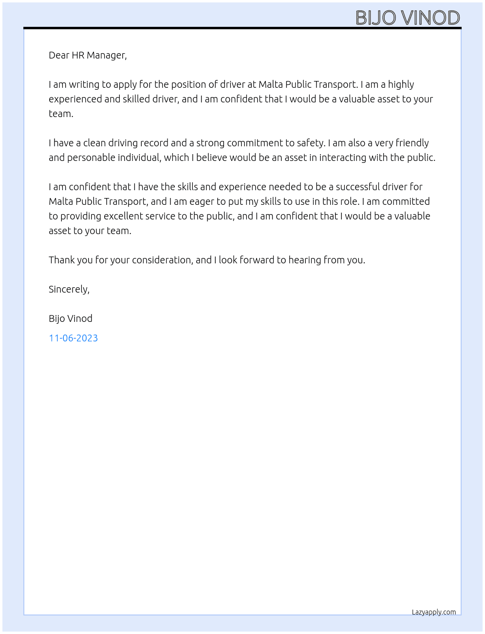 driver At Malta Public Transport Cover Letter