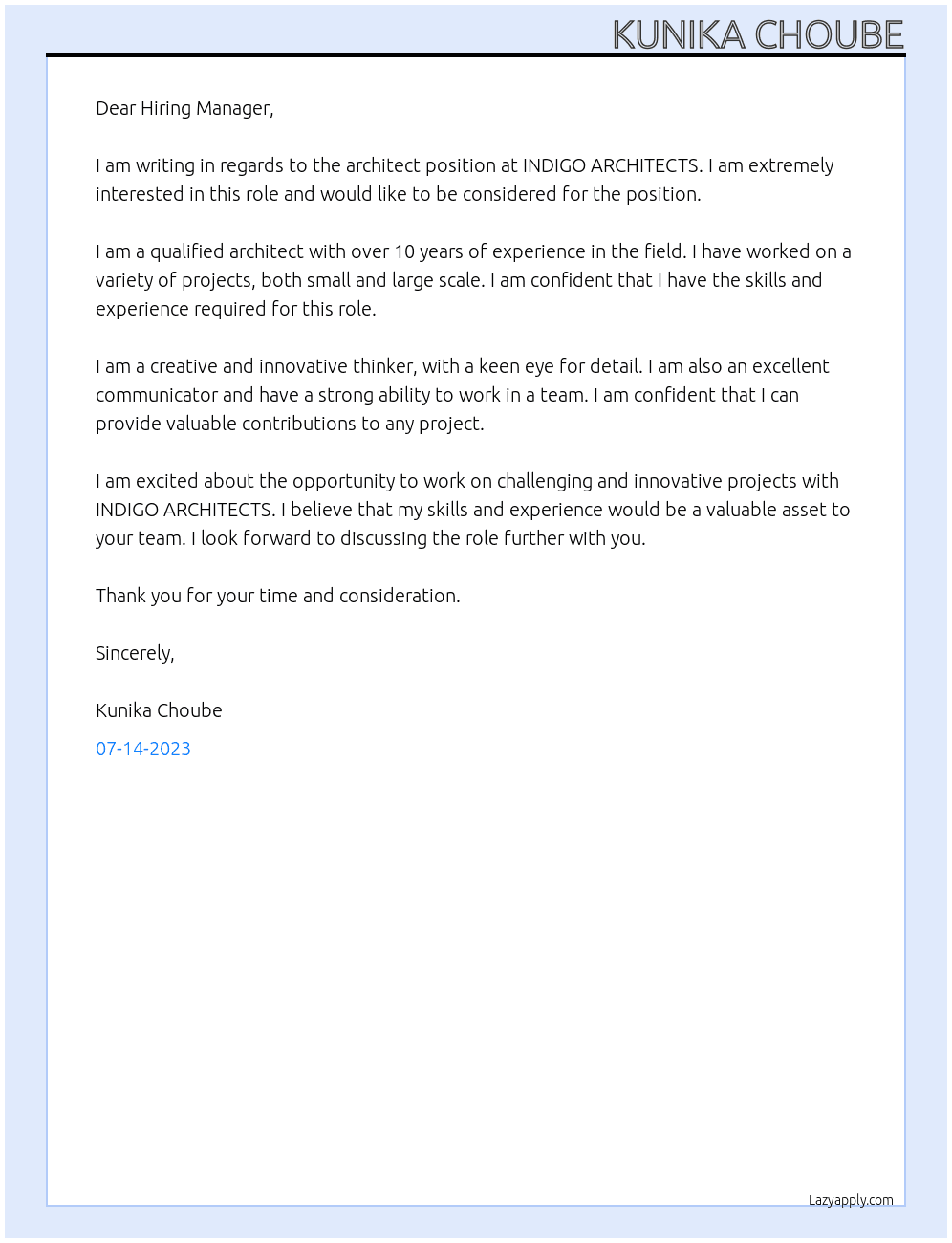 architect At INDIGO ARCHITECTS Cover Letter