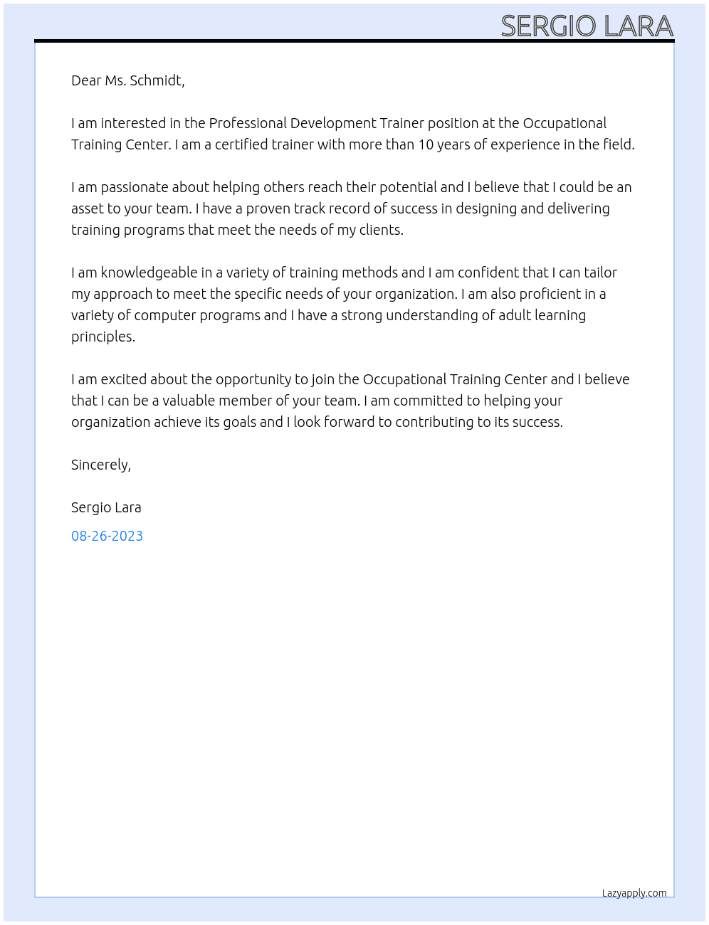 Professional Development Trainer At Occupational Training Center Cover Letter