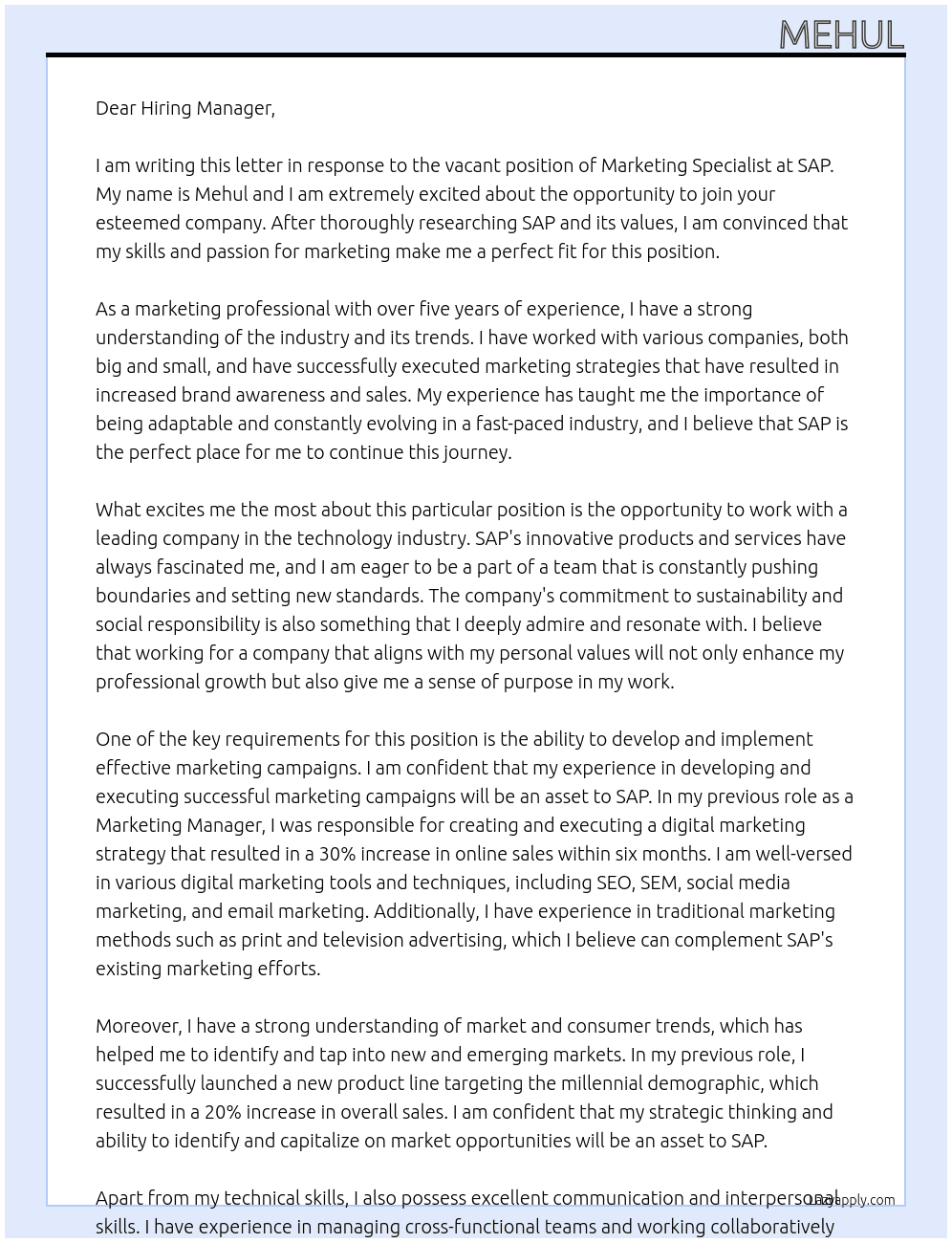 marketing specialist At SAP Cover Letter