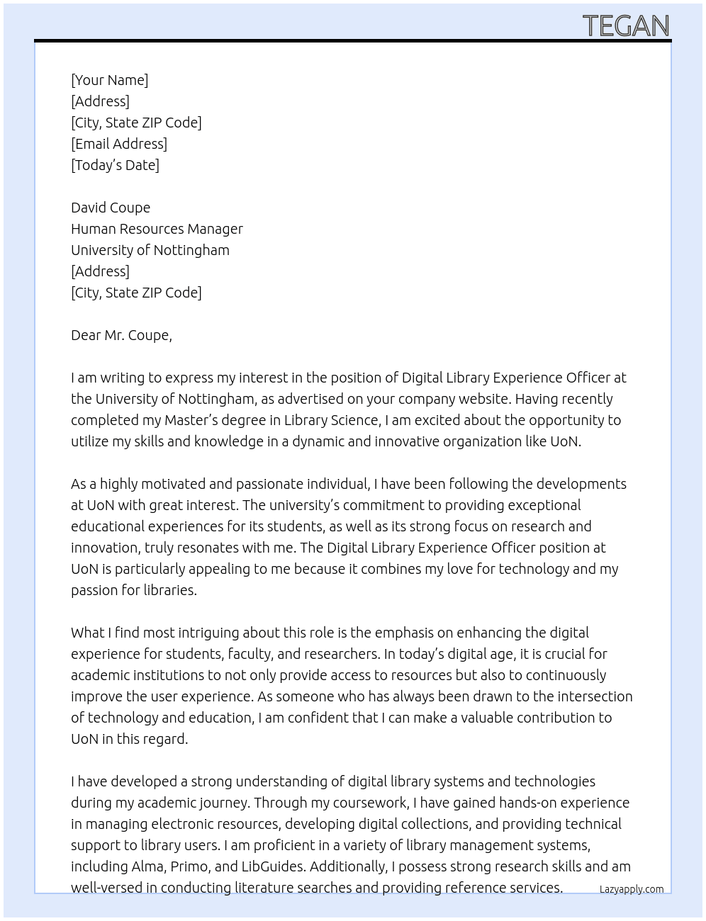 Digital Libary Experience Officer At UoN Cover Letter