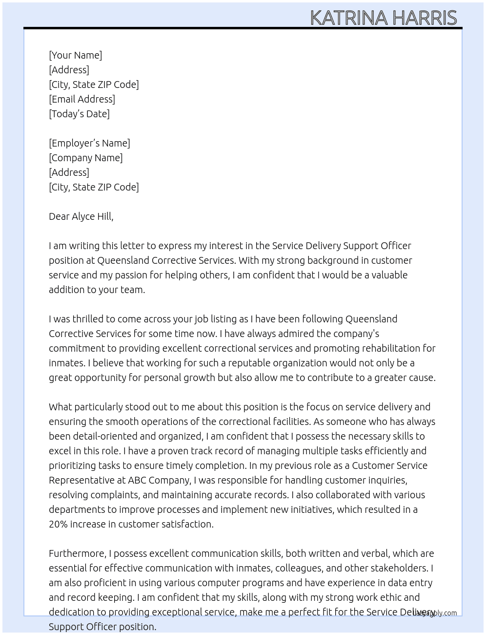 Service Delivery Support Officer At  Queensland Corrective Services  Cover Letter