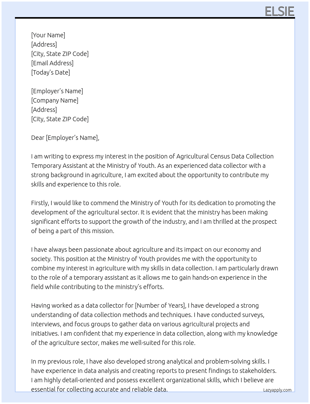 Agricultural census data collection temporary assistant  At Ministry of youth Cover Letter