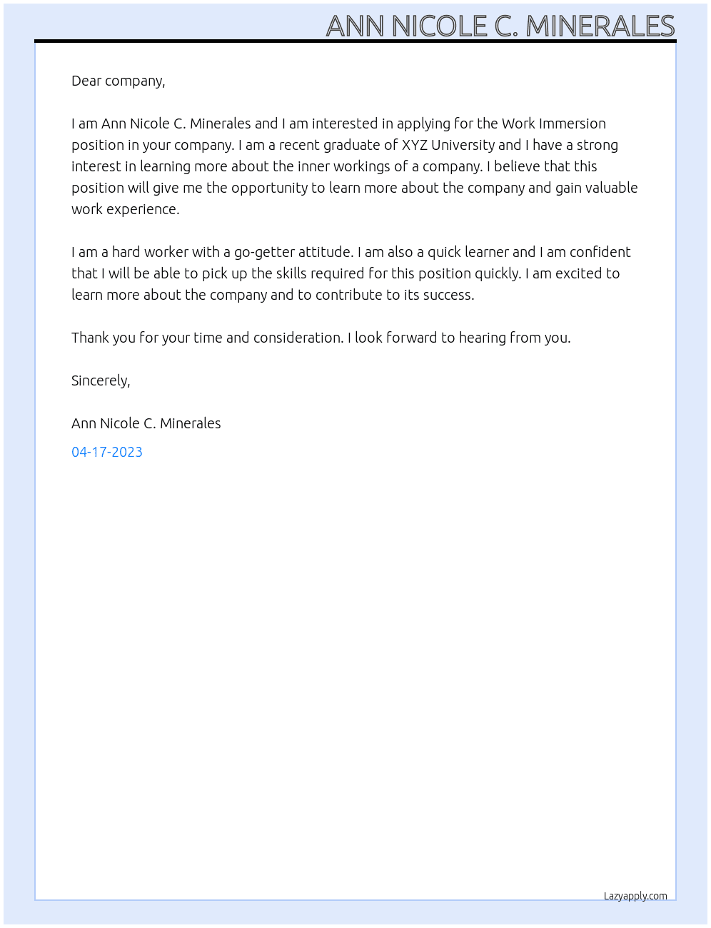 Work Immersion At company Cover Letter