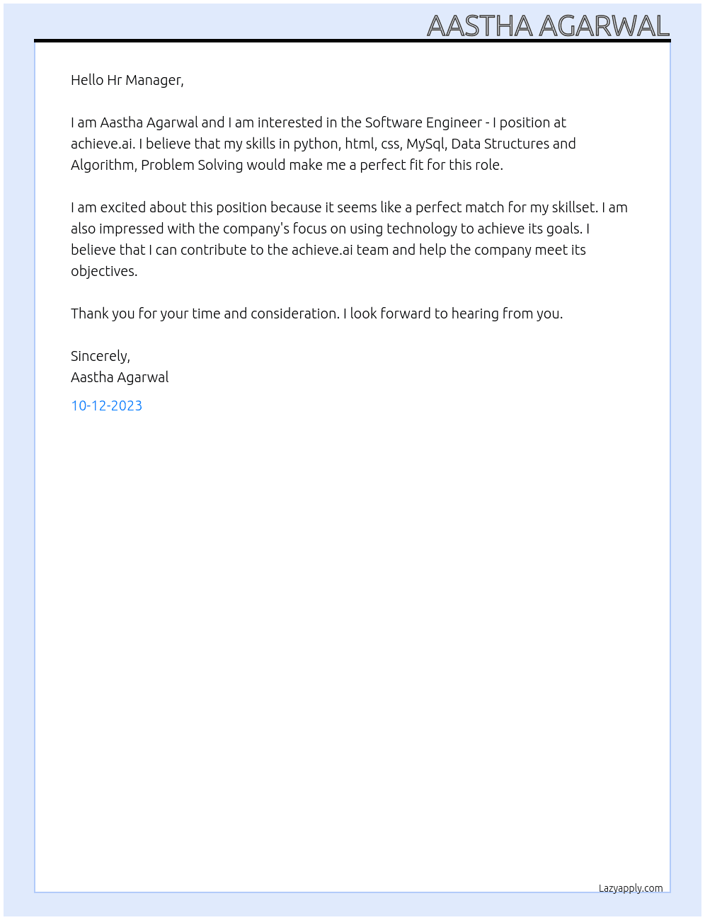 Software Engineer - I At achieve.ai Cover Letter