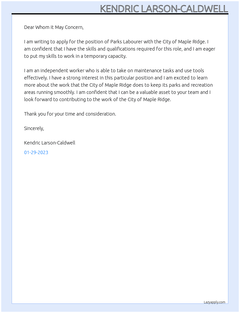 Parks Labourer At City of Maple Ridge Cover Letter