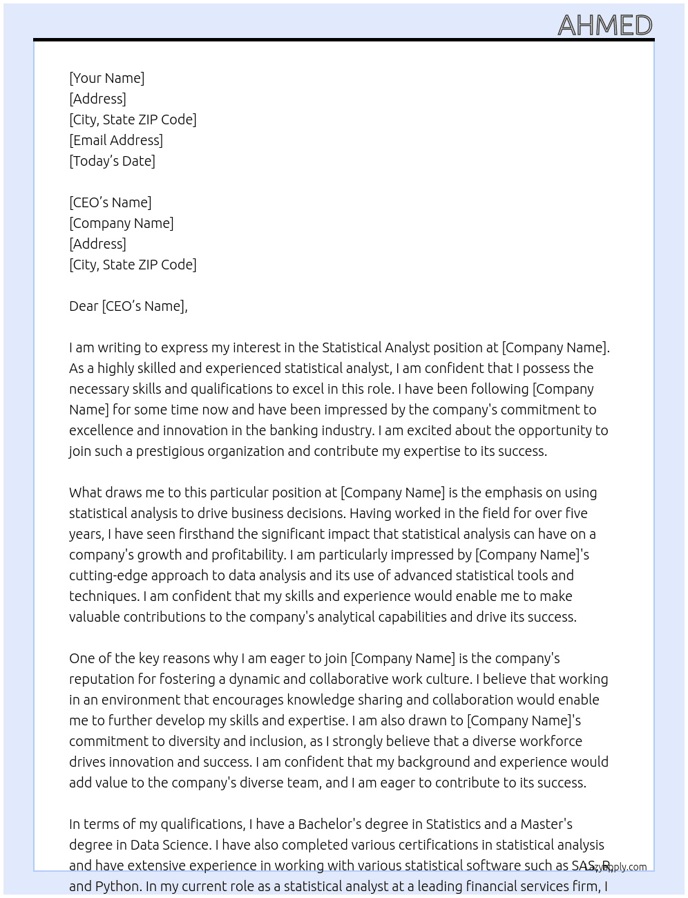 Statistical Analyst At Bank Cover Letter