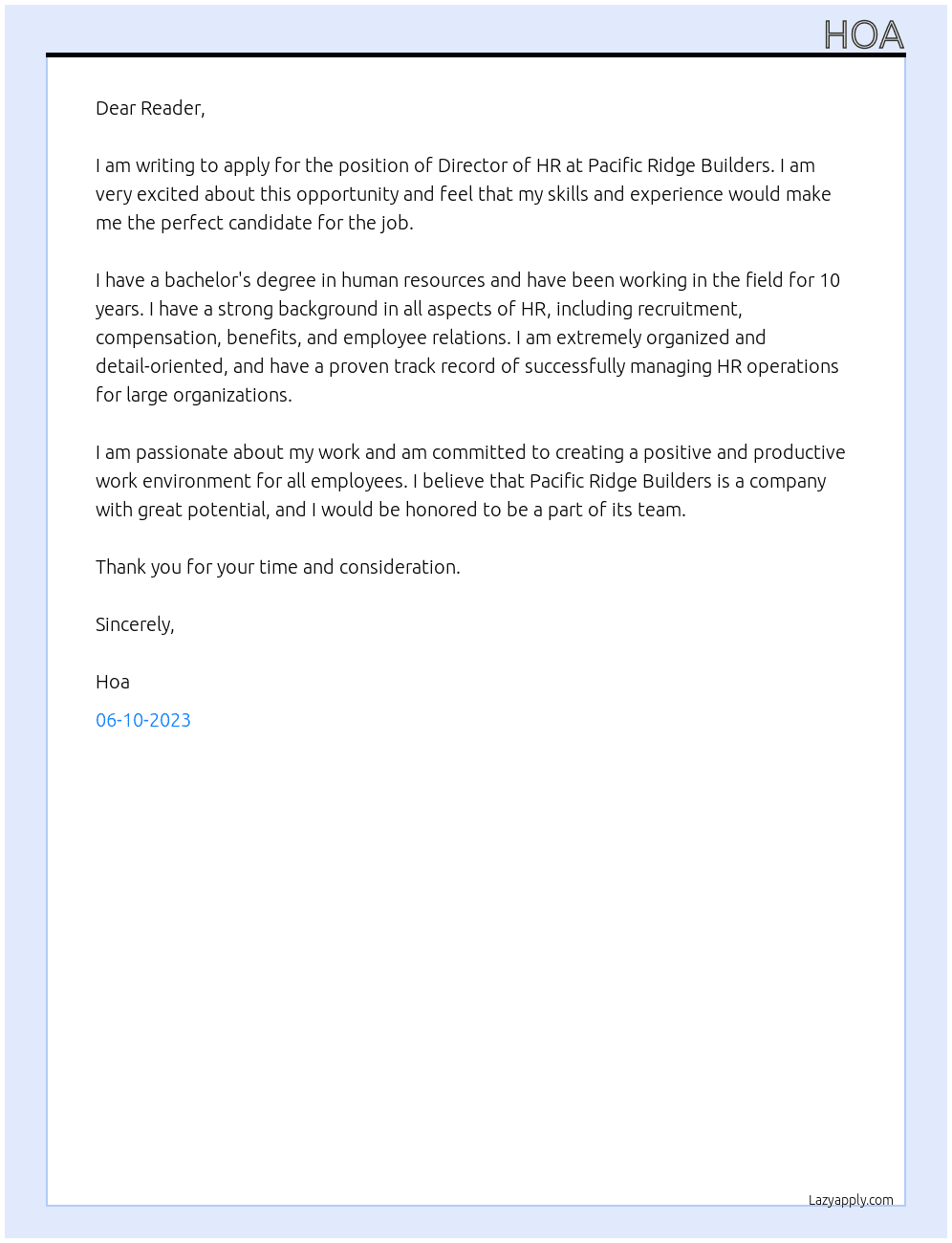 Director of HR At Pacific Ridge Builders Cover Letter